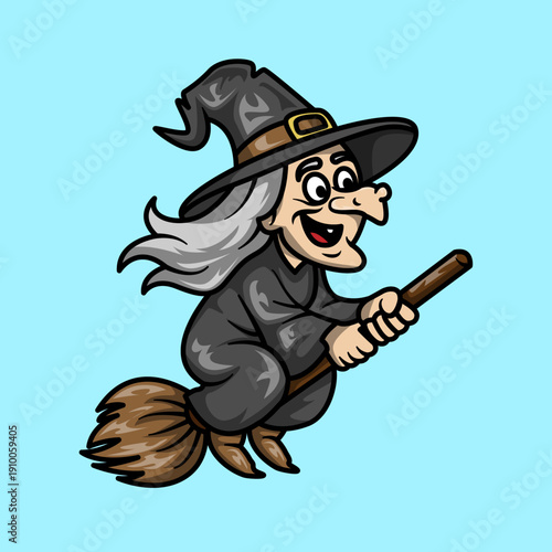 A cartoon illustration of an old witch with a pointy hat and long grey hair, flying on a broomstick, smiling.