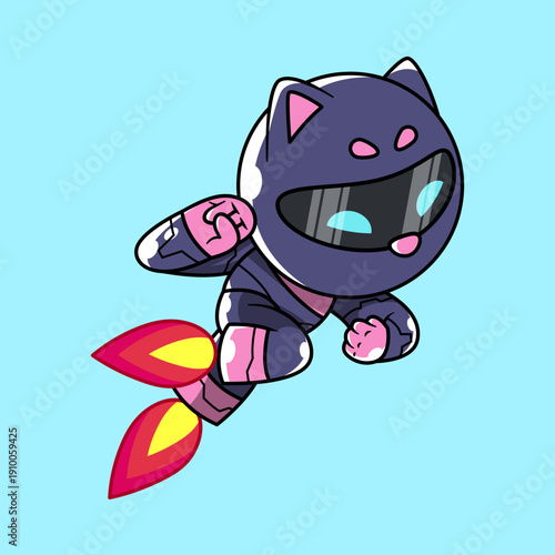 Cute cartoon cat character in a dark purple suit with rocket boosters flying in a light blue sky.