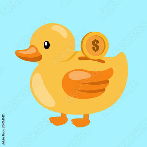 A yellow rubber duck shaped piggy bank with an orange beak and wings, and a gold coin with a dollar sign being inserted into its back, set against a light blue background.