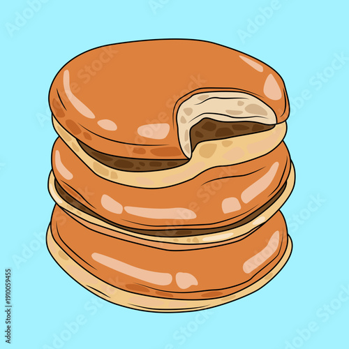 A stack of three golden brown pancakes with a bite taken out of the top one, revealing a creamy filling, set against a light blue background.
