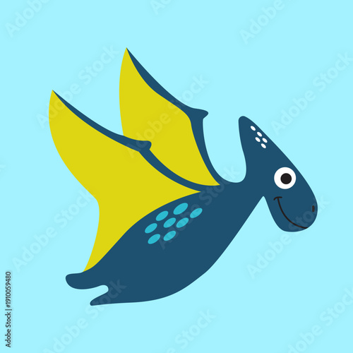 A cute cartoon blue pterodactyl with yellow wings flying against a light blue background, featuring a friendly smile and simple design.
