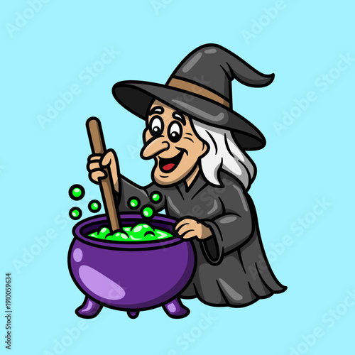 A cartoon witch with a pointy hat and long nose stirring a green bubbling potion in a purple cauldron.