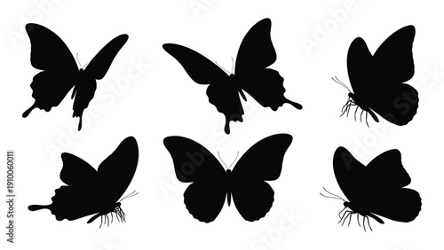 Six black butterfly silhouettes with varying wing shapes and sizes. isolated on white background, Vector