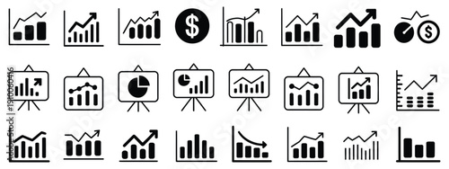 Business Graphs and Charts Icons – Statistics, Analytics, Money and Up Down Arrow Vector Illustration.