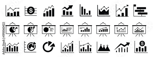 Business Graphs and Charts Icons – Statistics, Analytics, Money and Up Down Arrow Vector Illustration.