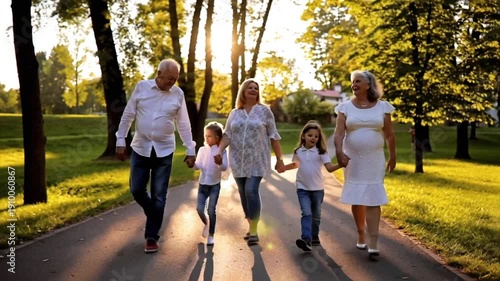 Multigenerational Family Walking Together in Park at Sunset Holding Hands and Smiling
