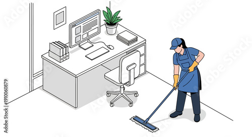 A cleaner in uniform mopping the floor in an office cubicle with a desk and computer.