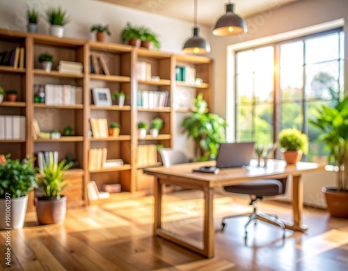 Blurred background of bright and inviting rustic home office featuring wooden booksh 