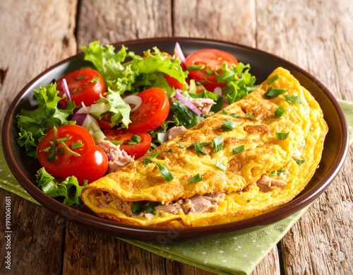 Healthy canned tuna omelette with vegetable salad close-up in a plate on the table. 