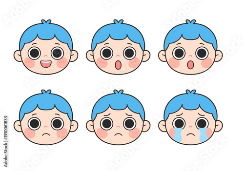 Cartoon facial expressions of a child with blue hair showing happiness, surprise, sadness and crying