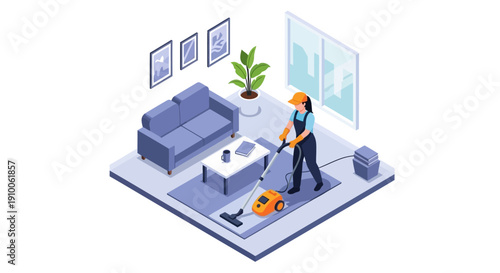 Isometric illustration of a professional cleaner vacuuming a living room with a sofa and coffee table.