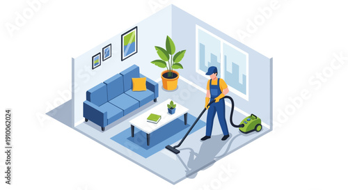Isometric illustration of a professional cleaner vacuuming a modern living room with a blue sofa and potted plant.