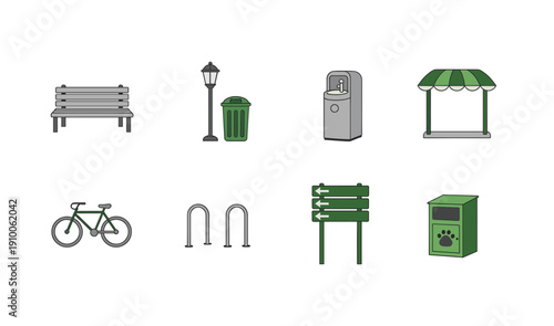 Park Furniture and Amenities Including Bench, Lamp Post and Bike Rack