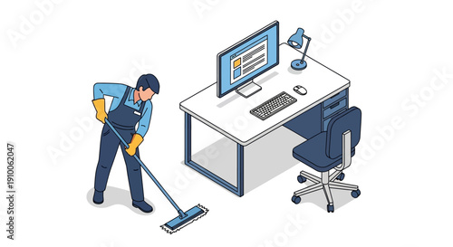 Isometric illustration of a cleaner mopping the floor in a modern office with a desk, computer, and chair.