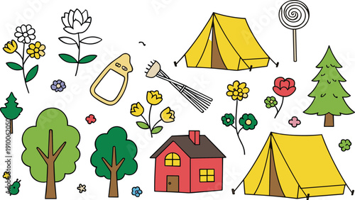 Cute camping doodle elements set with tent trees flowers and house hand drawn cartoon vector illustration