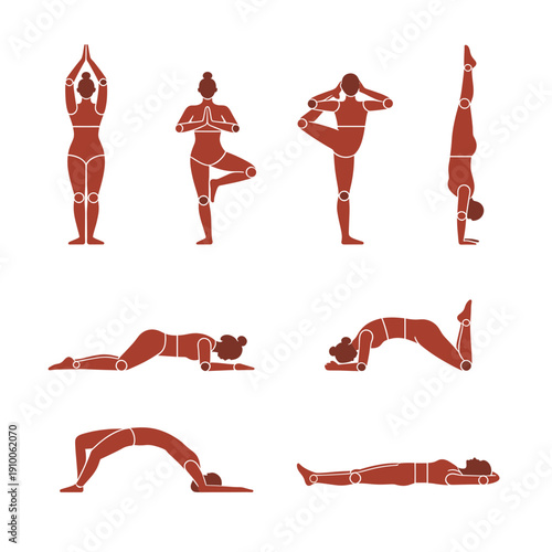 Yoga Poses Silhouettes Showing Tree Pose, Downward Dog and Restorative Positions