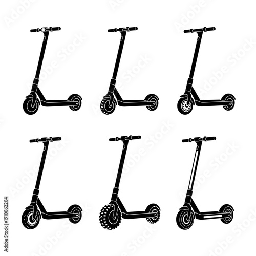 Black silhouette icons of electric scooters with different wheel designs and handlebar styles