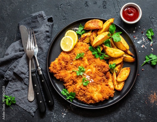 Breaded german weiner schnitzel with potato wedges. Dark background. Top view. 