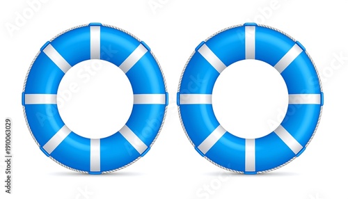 Two Blue Ring Buoy for Water Safety in Ocean Rescue in a Row, Isolated on Transparent Background