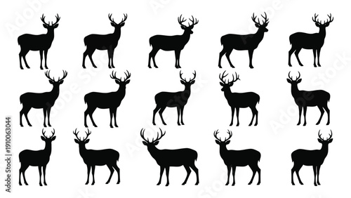 Silhouettes of deer in various poses and positions against a white background isolated on white background, Vector