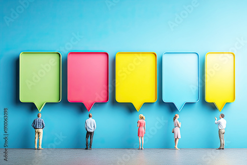 Five diverse people stand under colorful, oversized speech bubbles on a blue wall, symbolizing communication and dialogue.