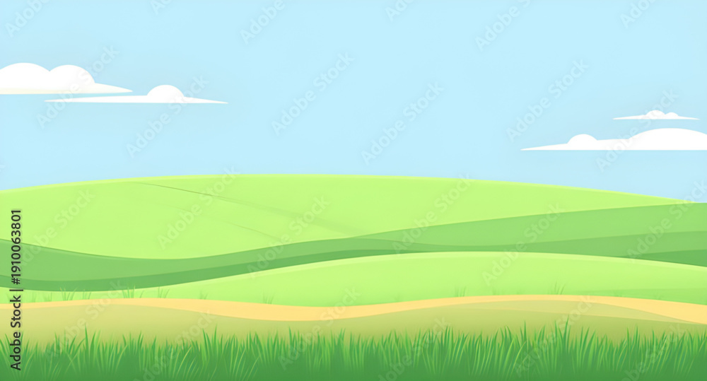 Obraz premium cartoon, nature, landscape, grassland, greenfield, meadow, field, pasture, lawn, countryside, rural, outdoor, scenery, horizon, plains, farmland, sky, bluesky, clouds, cloudscape, sunlight, sunny, bri