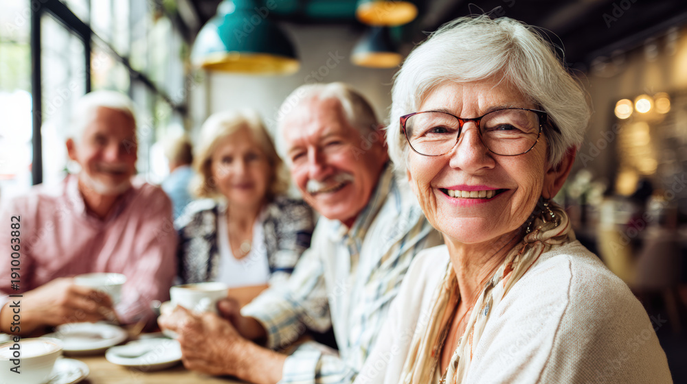 Obraz premium Senior adult friend cafe coffee smile wellbeing lifestyle, happy retirement group conversation at table with eyeglass woman