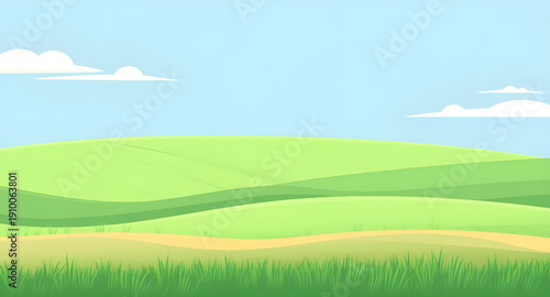 cartoon, nature, landscape, grassland, greenfield, meadow, field, pasture, lawn, countryside, rural, outdoor, scenery, horizon, plains, farmland, sky, bluesky, clouds, cloudscape, sunlight, sunny, bri