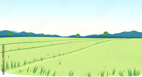 cartoon, nature, landscape, grassland, greenfield, meadow, field, pasture, lawn, countryside, rural, outdoor, scenery, horizon, plains, farmland, sky, bluesky, clouds, cloudscape, sunlight, sunny, bri