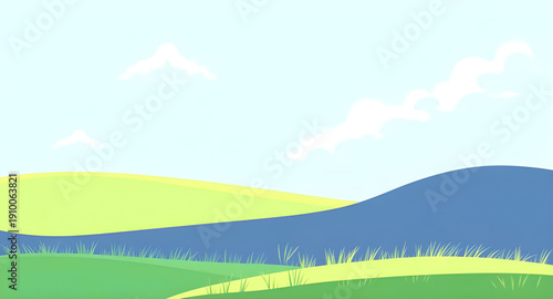 cartoon, nature, landscape, grassland, greenfield, meadow, field, pasture, lawn, countryside, rural, outdoor, scenery, horizon, plains, farmland, sky, bluesky, clouds, cloudscape, sunlight, sunny, bri