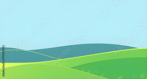 cartoon, landscape, field, grass, green, meadow, pasture, plain, countryside, rural, outdoor, scenery, horizon, farmland, sky, blue, clouds, cloudscape, sunshine, sunny, daylight, bright, fresh, cheer