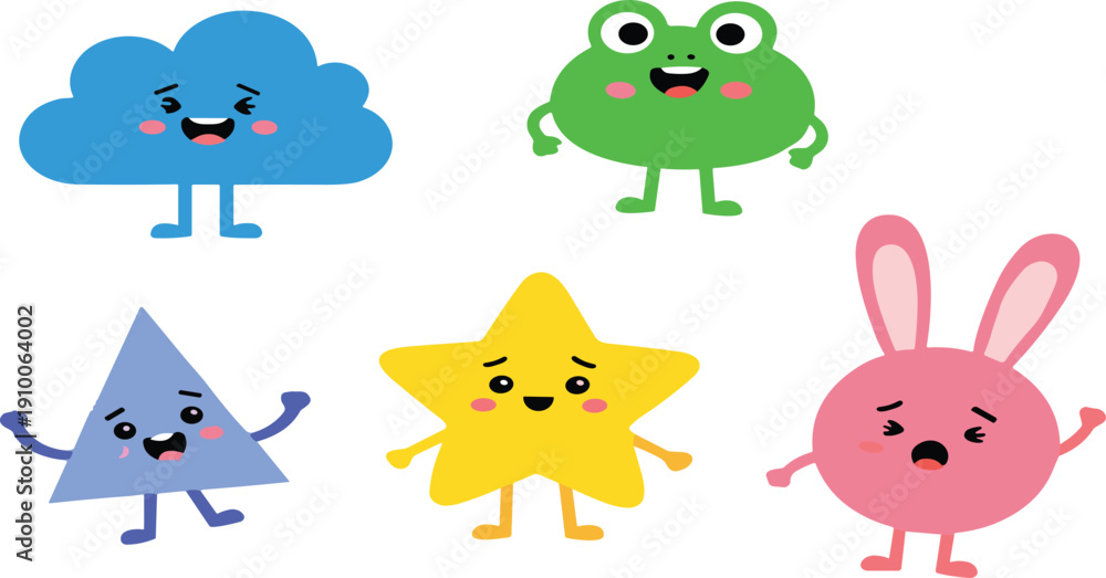 Obraz premium Cute colorful kawaii cartoon characters set with funny geometric shapes and animal faces playful vector illustration