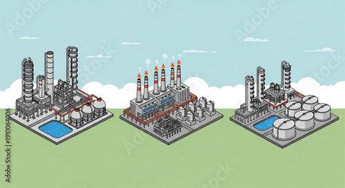 Three isometric industrial cityscapes with different architectural styles.