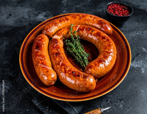 Roasted Bockwurst pork meat sausages in a plate. Black background.