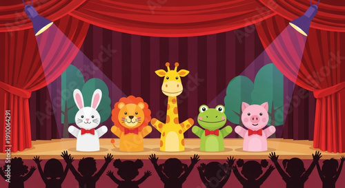World Puppetry Day Puppet Show on Stage with Animal Characters and Audience Silhouettes