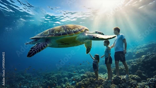 An underwater family admires a large sea turtle near coral reef, with sun rays shining through