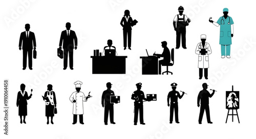 Diverse Group of Professional Silhouettes Representing Various Occupations.