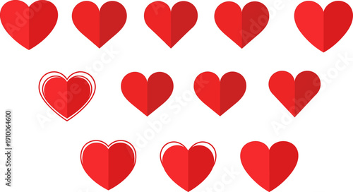 Collection of six vibrant red heart icons on a clean white background