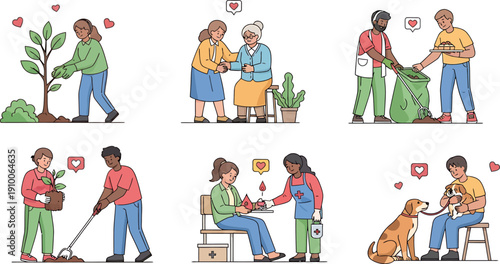 Diverse People Performing Various Acts of Kindness, Volunteering, and Community Service
