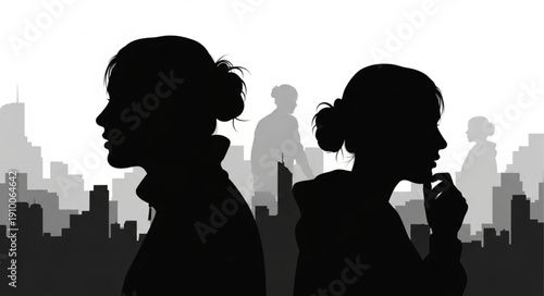 Two women silhouettes facing away from each other in a city skyline.