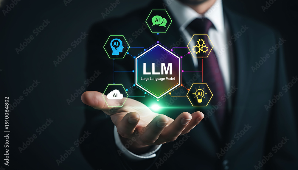 Naklejka premium Businessman holding virtual Large Language Model LLM artificial intelligence