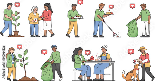 Diverse People Performing Various Acts of Kindness and Community Service, Flat Vector Illustration
