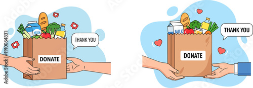 Hands exchanging food donation bag with groceries, expressing gratitude and charity.