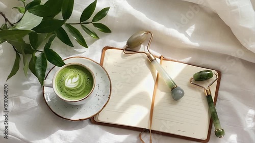 A serene arrangement includes matcha latte, journal, jade face rollers, and greenery on white fabric