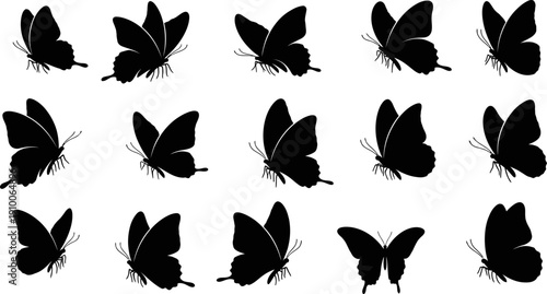 Collection of Black Butterfly Silhouettes in Various Flying and Resting Poses