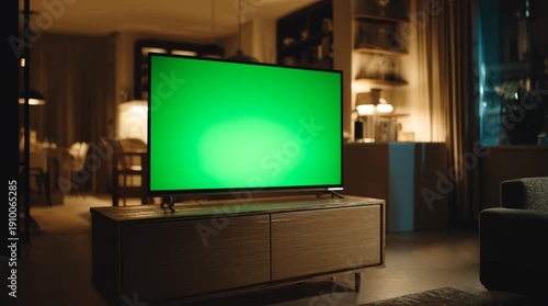 Cinematic night living room scene with modern flat screen television on wooden cabinet, bright green chroma key display, warm interior tones, soft shadows, shallow depth of field, realistic detail