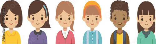 Cute diverse cartoon children avatar set featuring smiling boys and girls in flat vector illustration isolated on light background