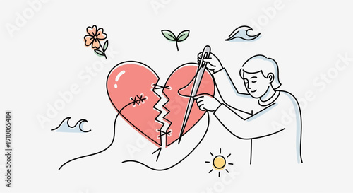 A person carefully mending a broken heart with a needle and thread, symbolizing emotional healing and recovery from pain.
