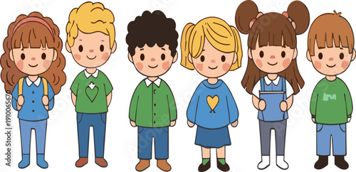 Cute diverse school children characters standing together cartoon kids group flat style vector illustration set
