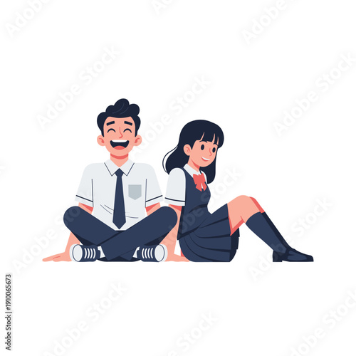 Happy students in uniform sitting together flat vector illustration